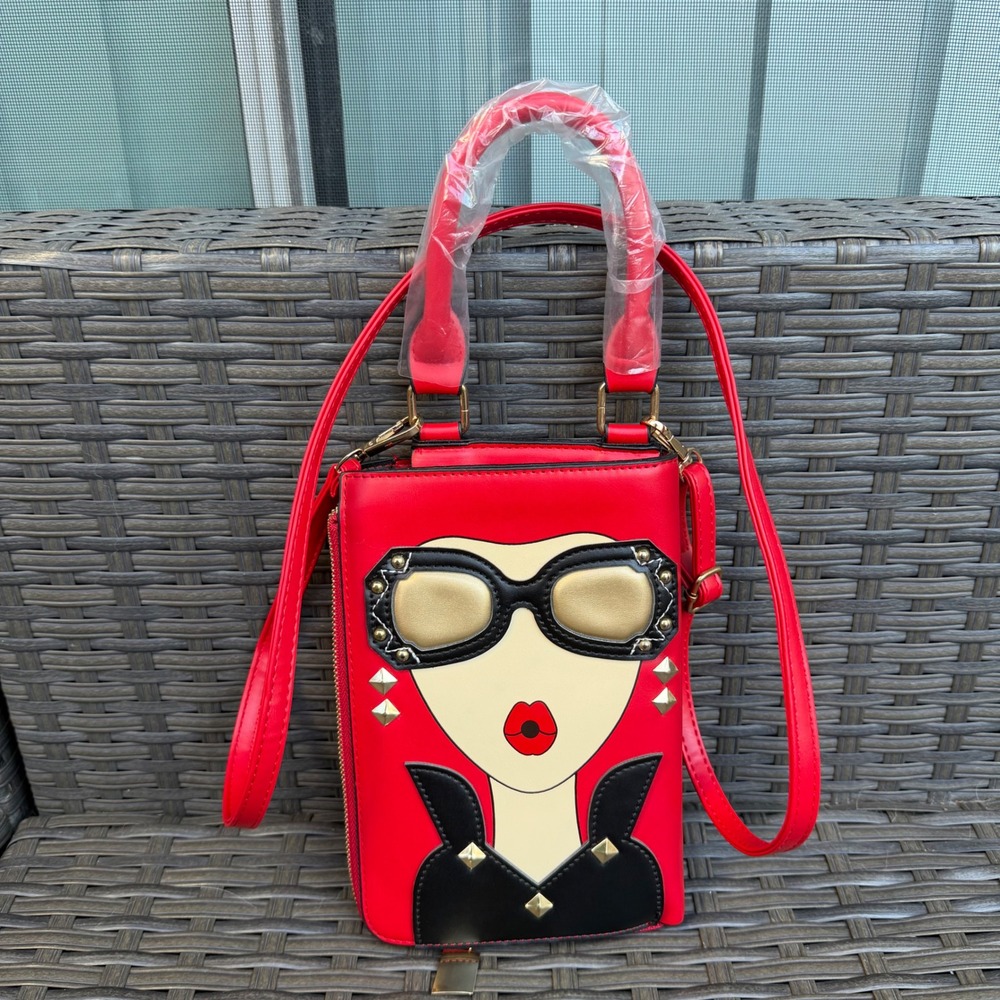 Red Pop Art Woman Crossbody Phone Bag Wallet Gold Studded Vegan Leather
